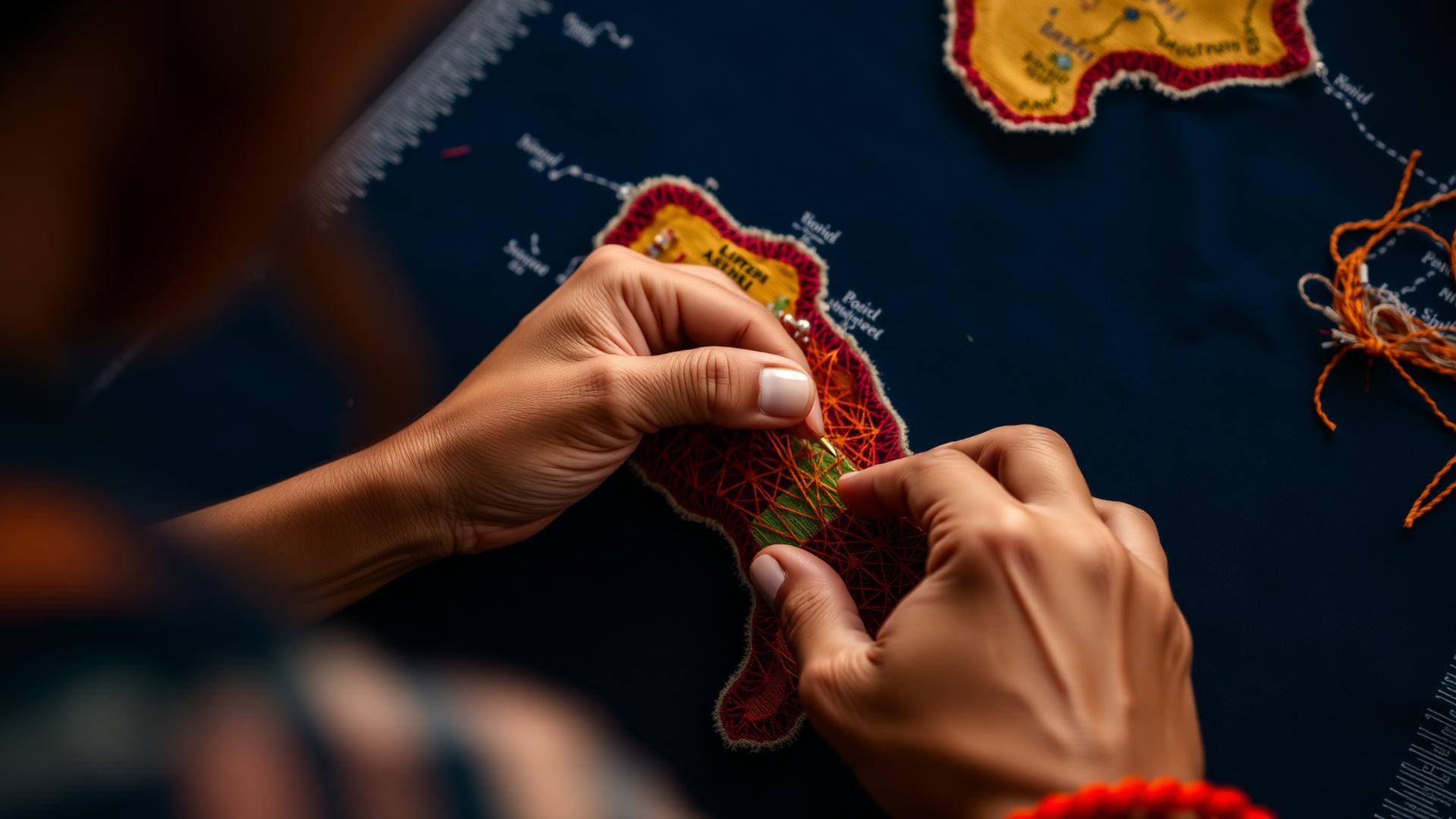 Mãos de uma artesã bordando um tecido de algodão cru